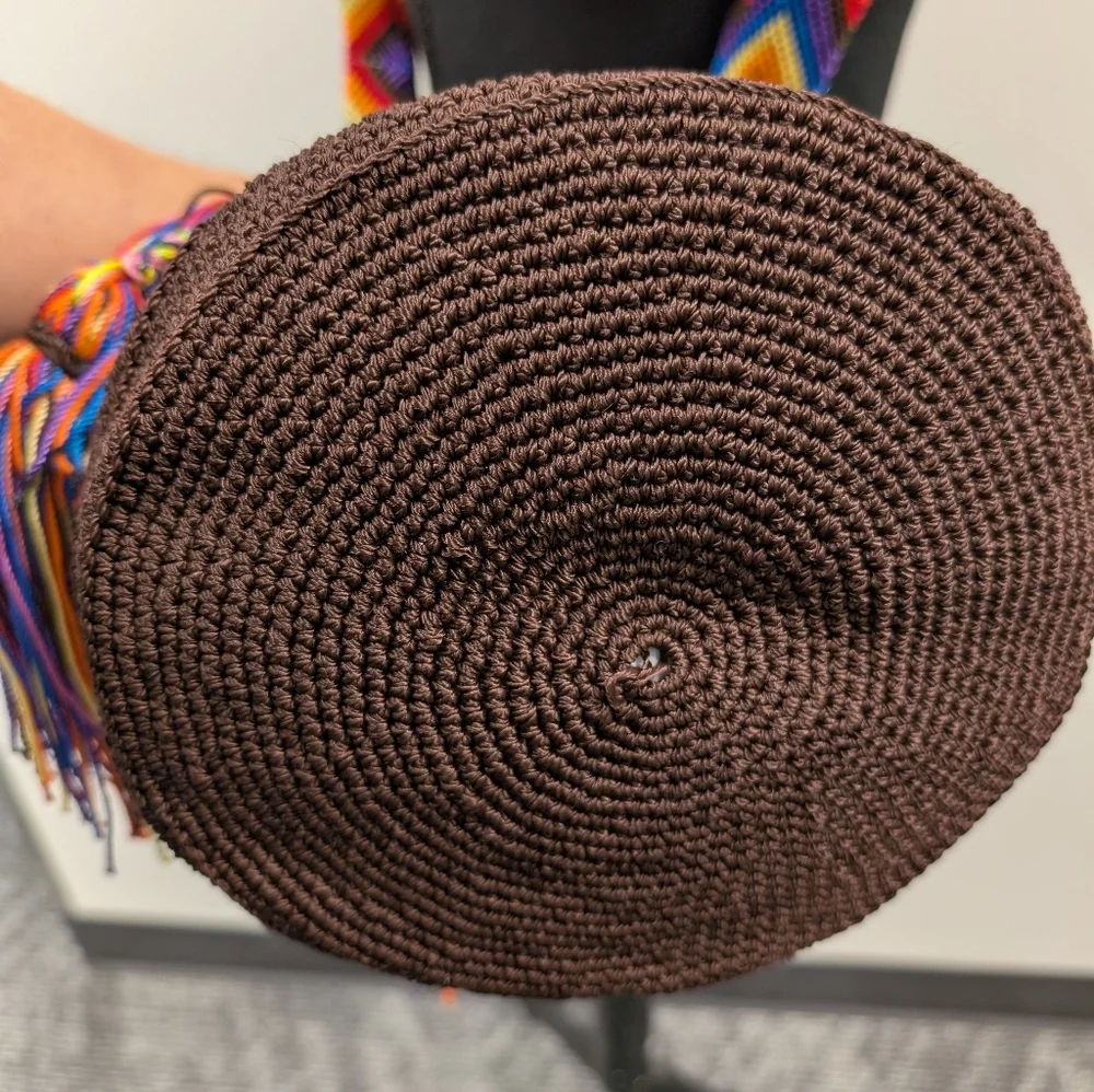 Mochilas Wayuu Handwoven Crossbody Bucket Bag Brown Multicolor Strap Tassel Boho